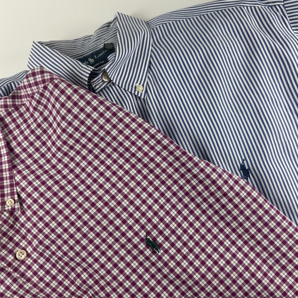Ralph Lauren Mens XL 18 36-37 Lot of 2 Button Down Shirts Blue Striped Gingham